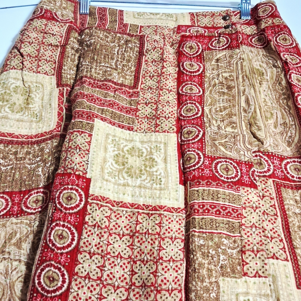 Kate Hill Red and Brown Patchwork Skirt Patterned Size 12 Silk And‎ Linen Blend - Picture 4 of 11